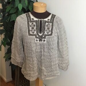 Lucky Brand Small Womans 3/4 sleeve blouse black white tan embroidered